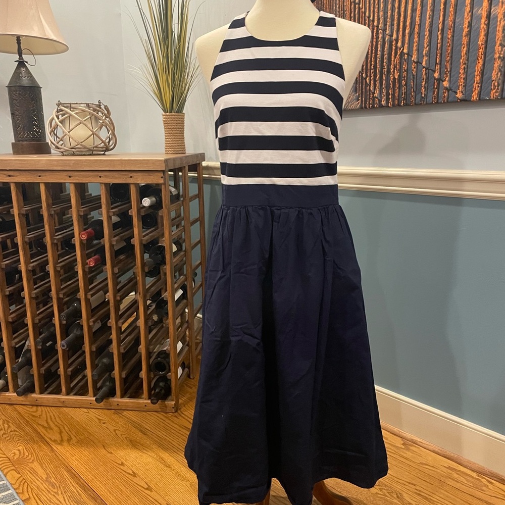 1901 Navy and White Dress with Striped Bodice